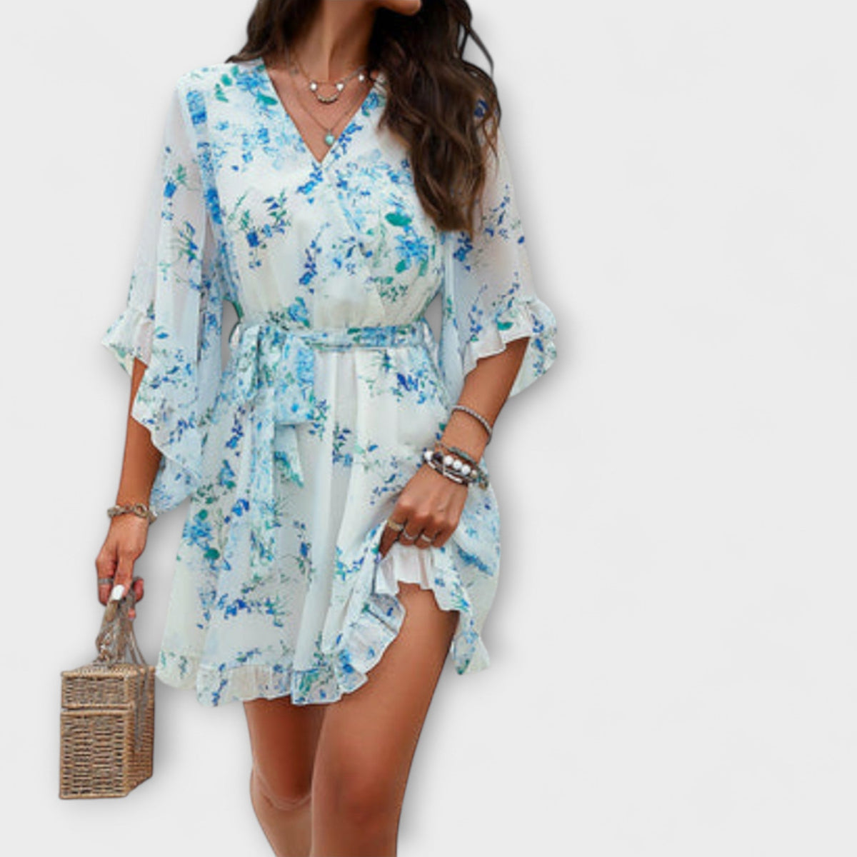 Lina - Robe Midi Bleu Clair à Motif Floral