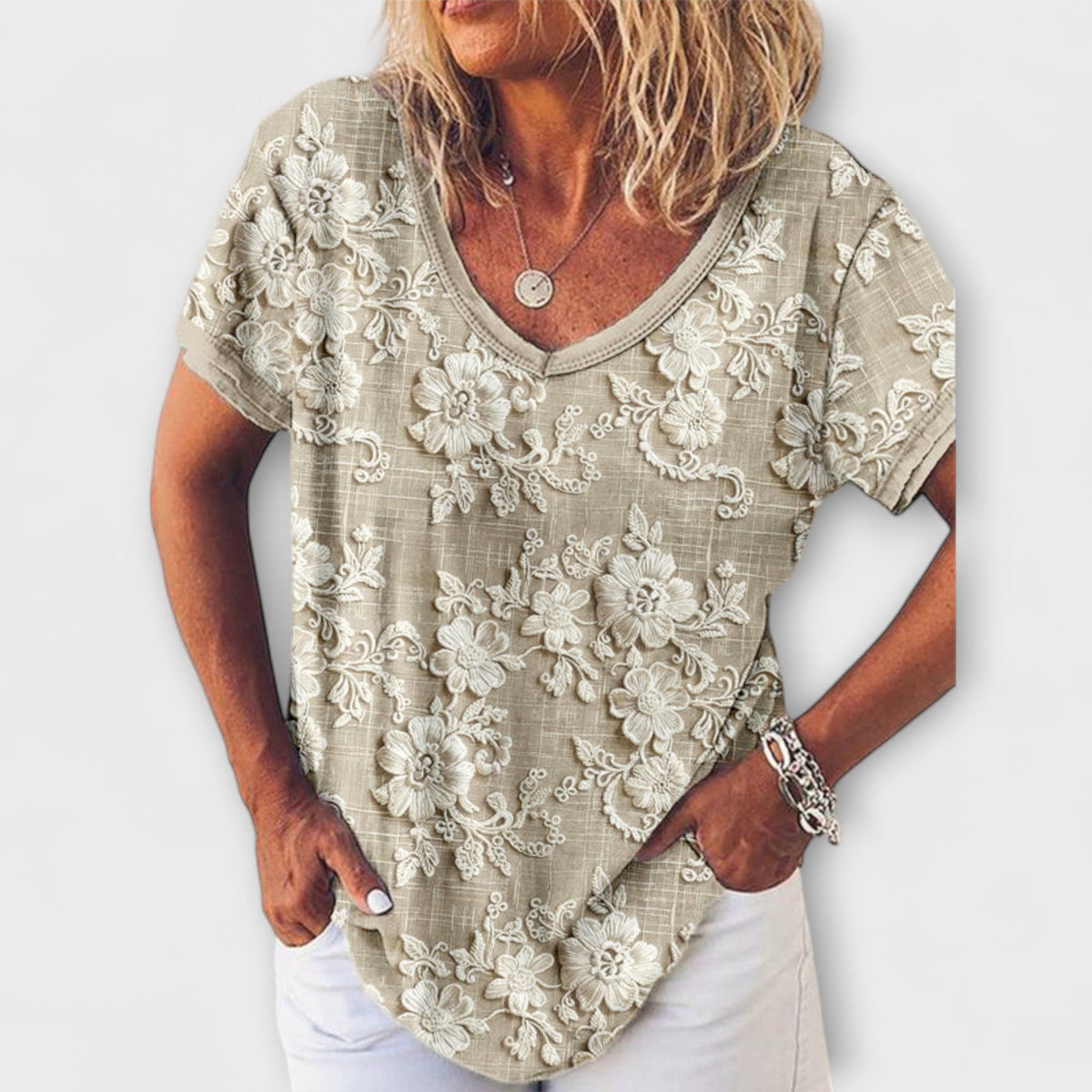 Mia - Chemisier Beige à Motif Floral 3D