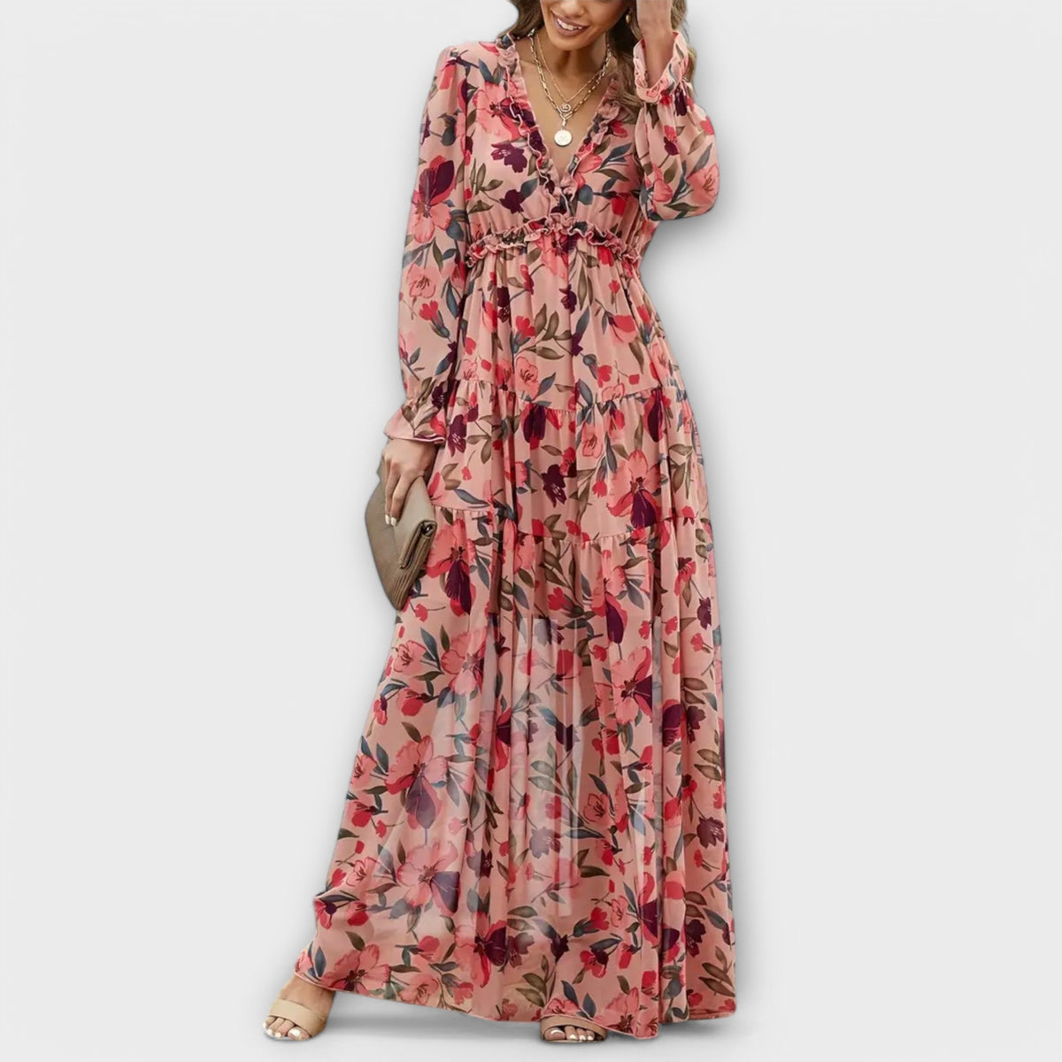 Helen - Robe Longue Rose à Motif Floral
