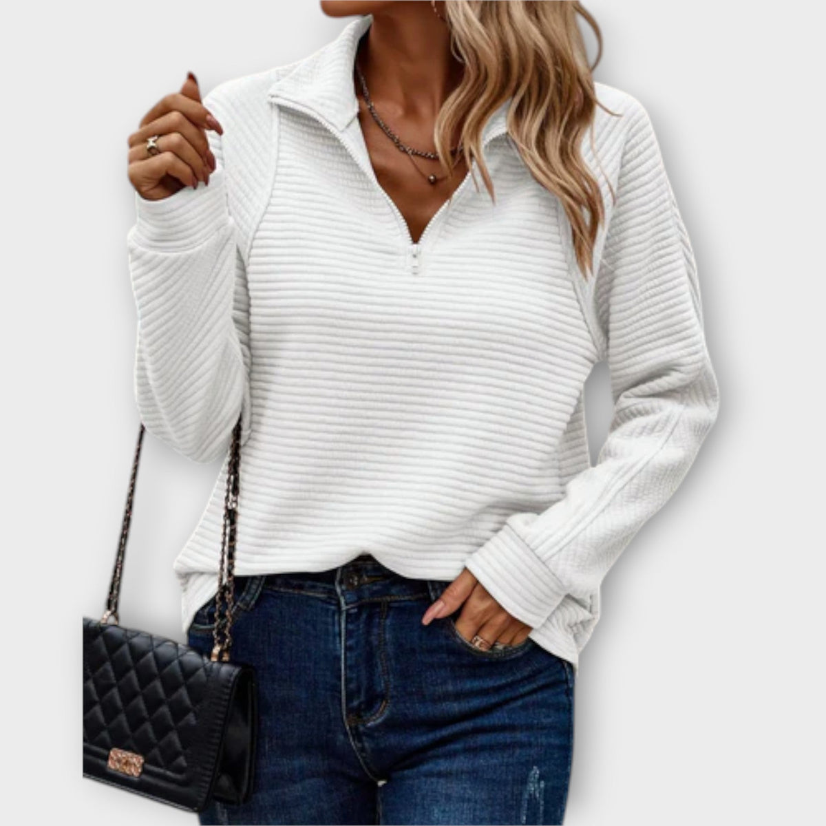 Vilja - Pull Rose Demi-Zip à Motif Côtelé