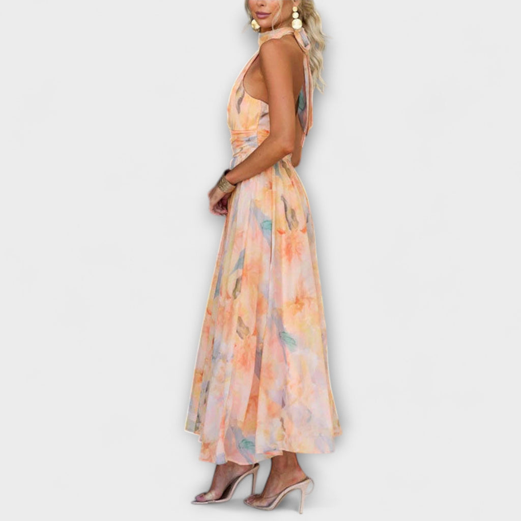 Robe Longue Dos-Nu Colorée à Imprimé Aquarelle