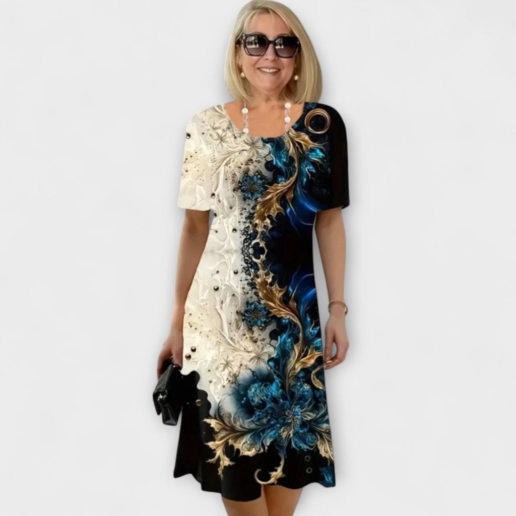 Barbara - Robe Noire et Bleue à Motif Fleurs d'Été