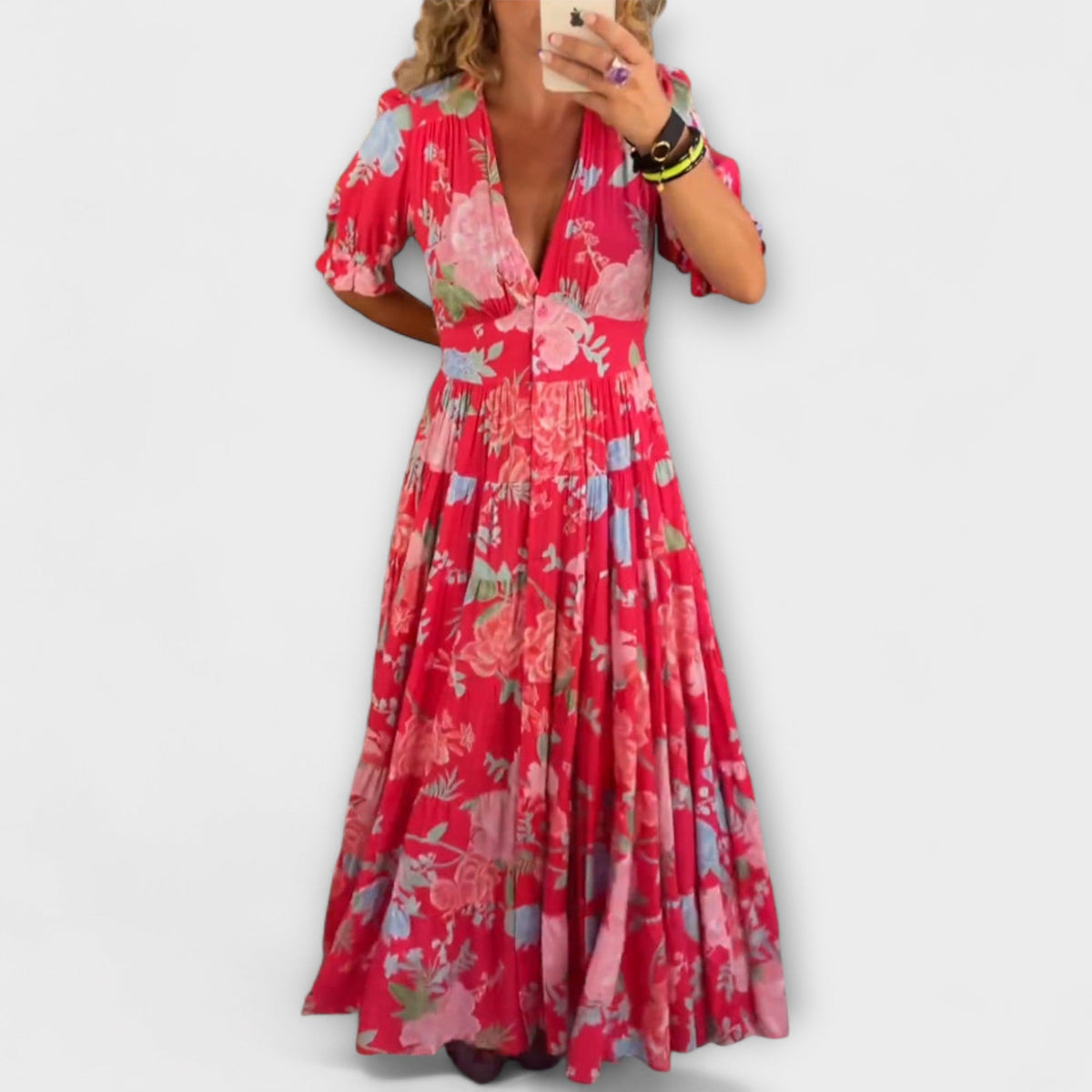 Catrisa - Robe Longue Rouge à Motif Floral et Col V