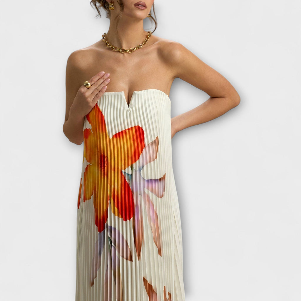 Michelle - Robe Longue Crème à Motif Floral Orange