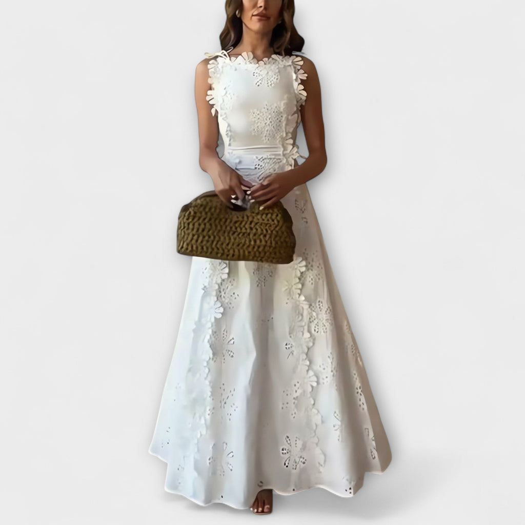 Éliora - Robe Longue Blanche à Motif Floral en Dentelle