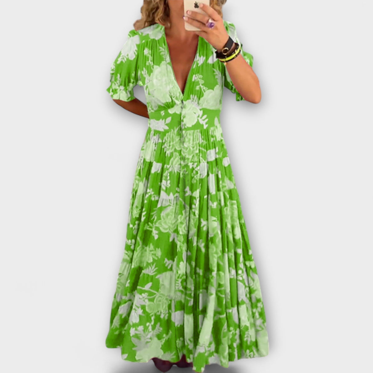 Catrisa - Robe Longue Rouge à Motif Floral et Col V