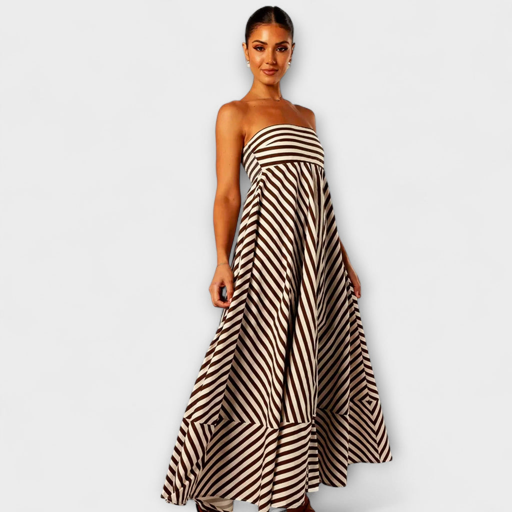 Robe Longue à Volants Rayée Beige et Noire