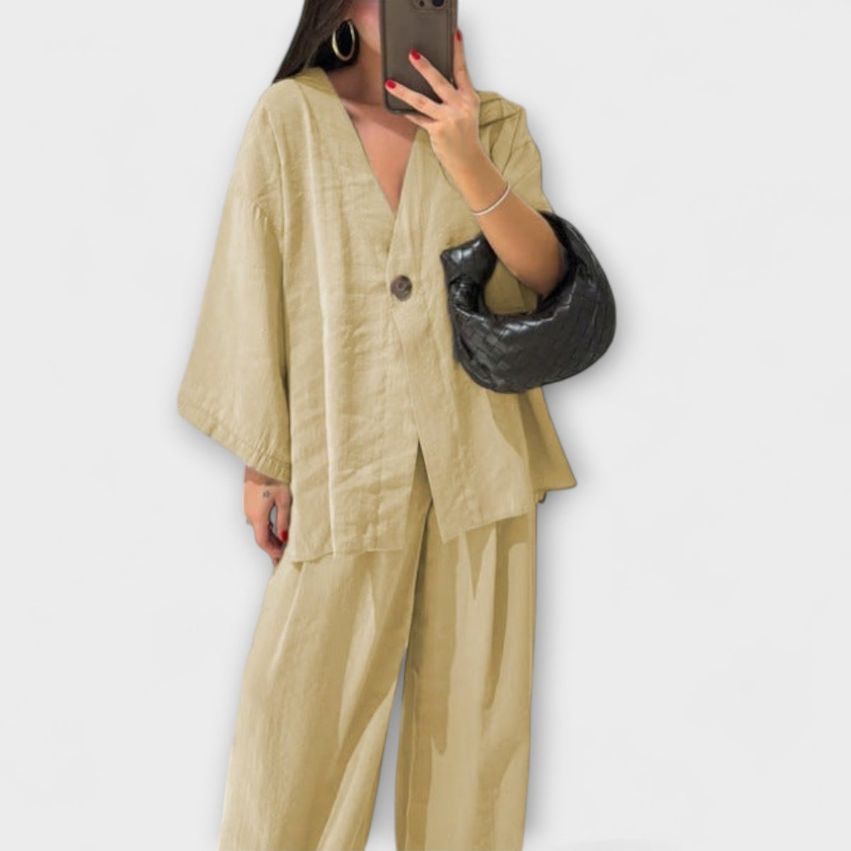 Jacqueline - Ensemble Marron avec Haut Col V et Pantalon