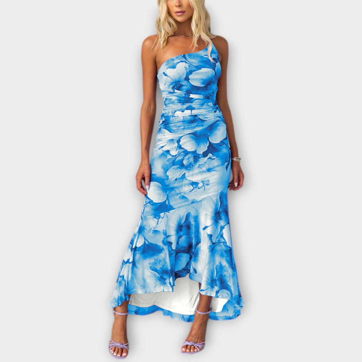 Pia - Robe Longue Violette à Motif Floral Froncée