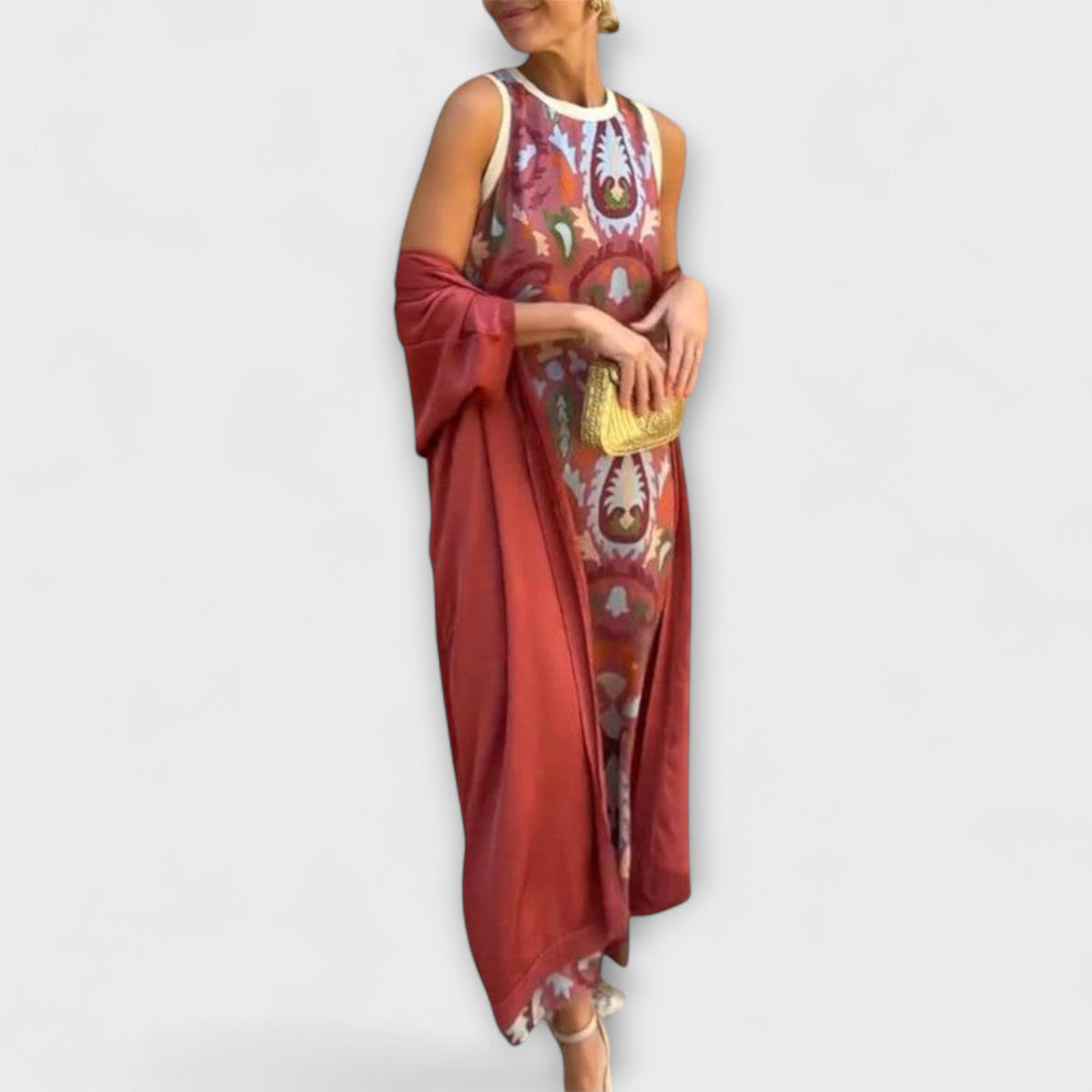 Selviane - Robe Longue Rouge avec Cardigan Assorti