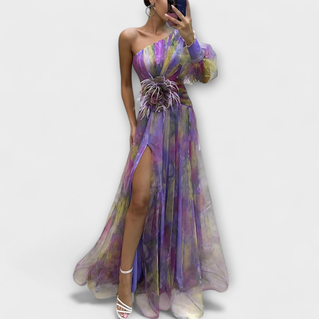 Minna - Robe Longue Asymétrique Violette Imprimée