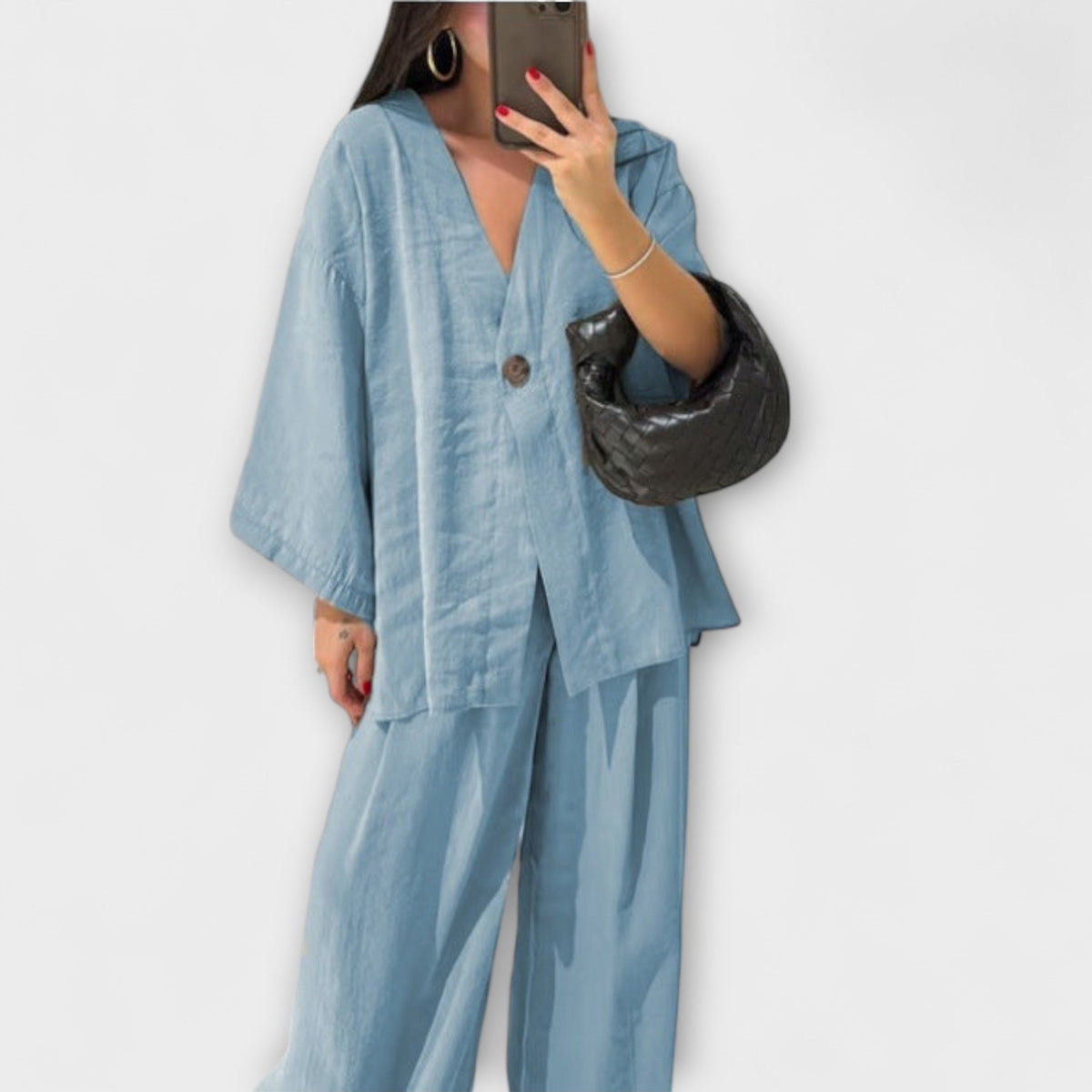 Jacqueline - Ensemble Marron avec Haut Col V et Pantalon