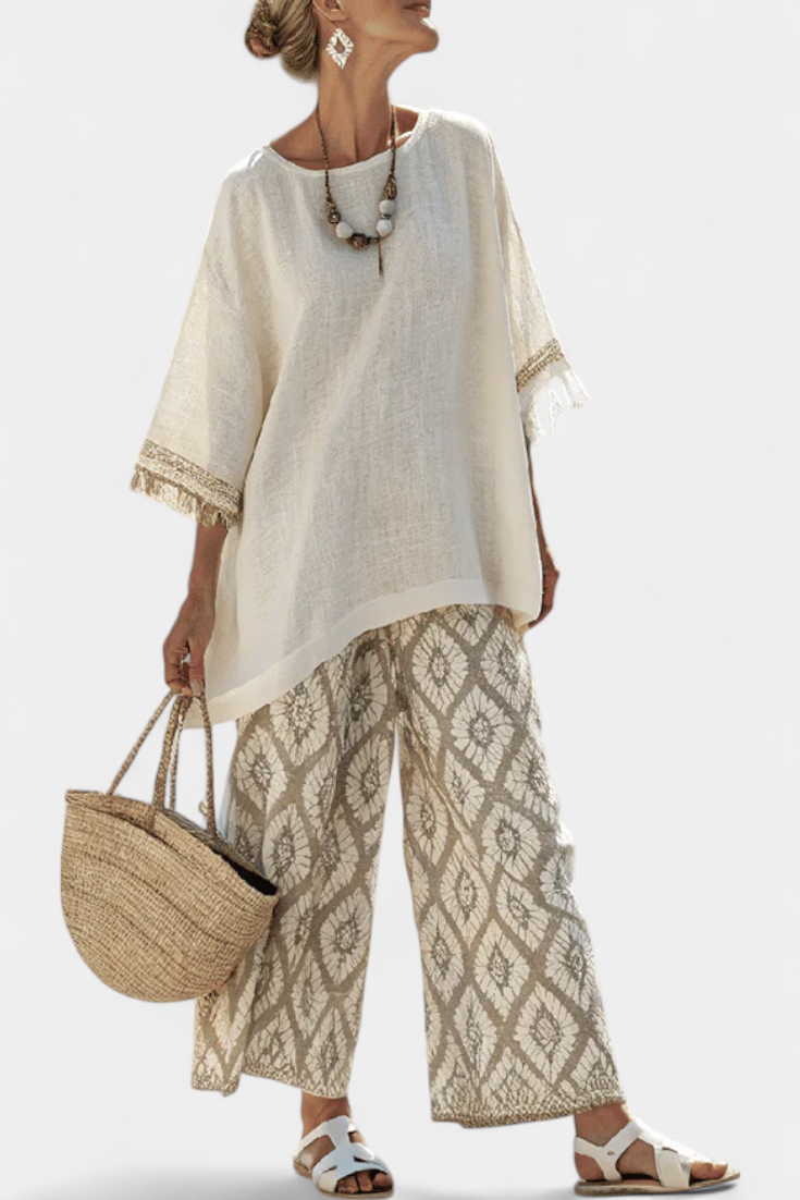 Eduarda - Ensemble Boho Chic Élégant Crème à Motif Ikat