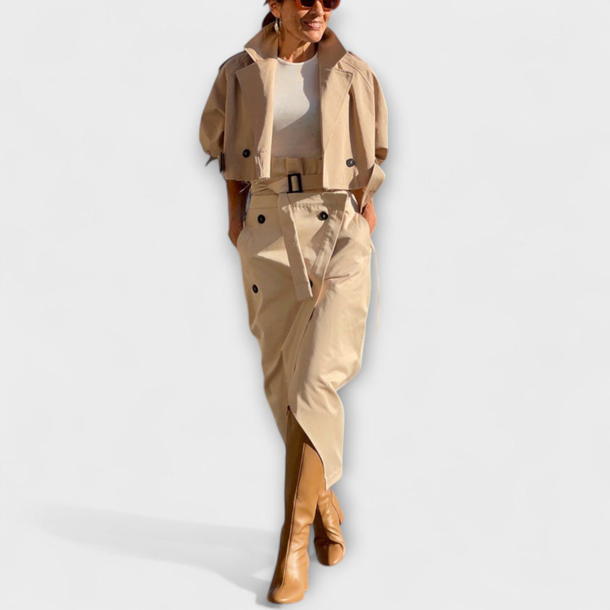 Lyra - Ensemble Beige avec Blazer et Jupe Midi