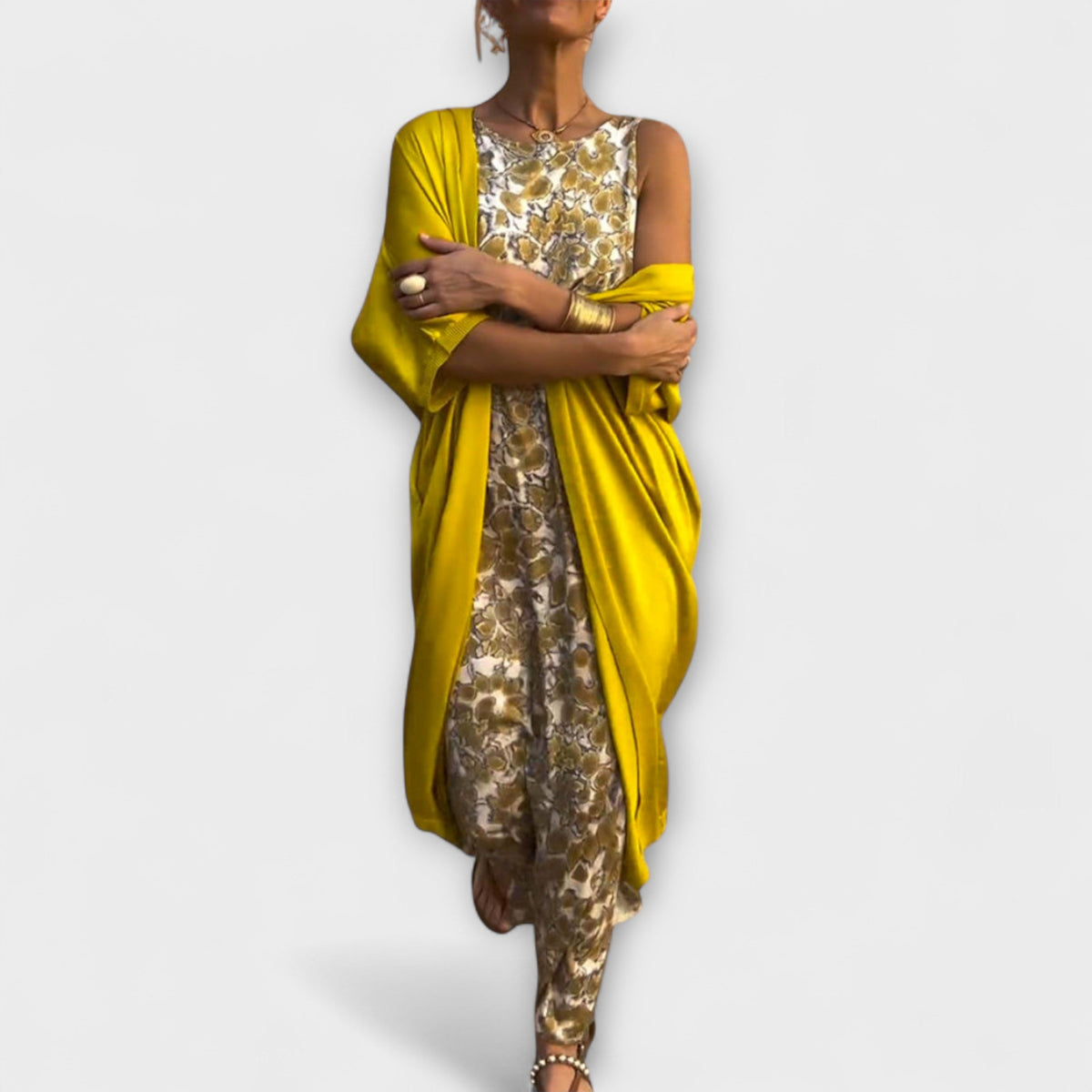 Charlotte - Robe Jaune avec Cardigan Pailleté Assorti