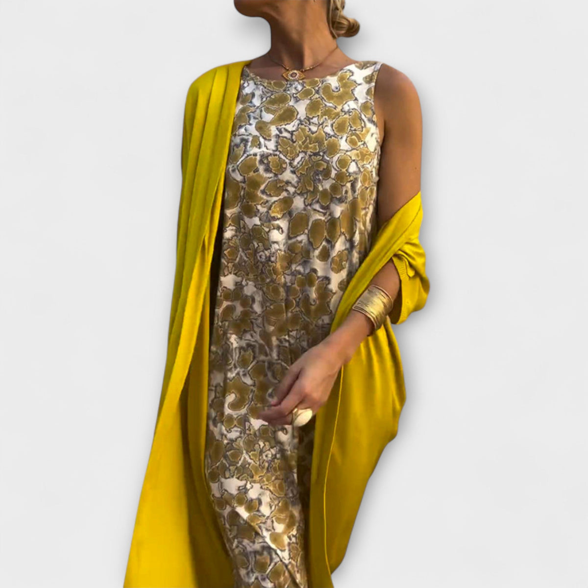 Charlotte - Robe Jaune avec Cardigan Pailleté Assorti