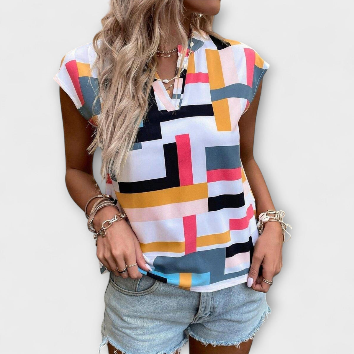 Chloe - Chemisier Manches Courtes Blanc Color-Block