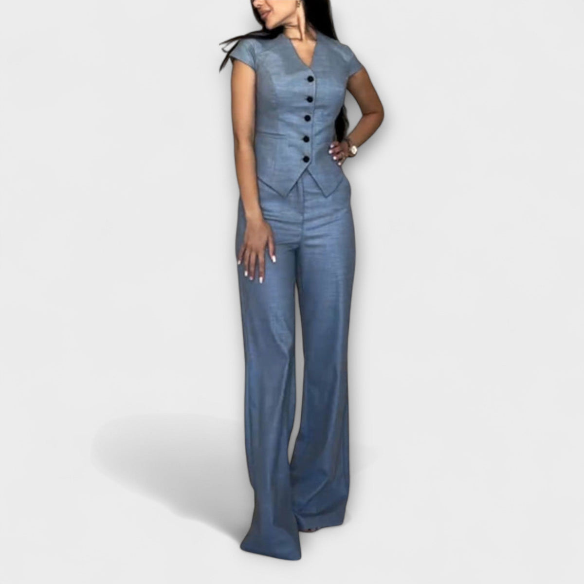 Ivy - Ensemble Bleu avec Haut Col V et Pantalon