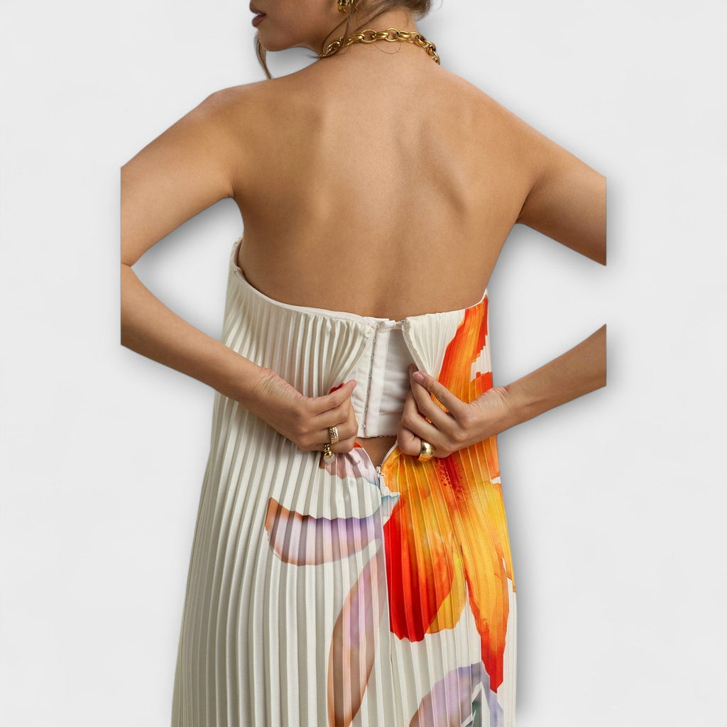 Michelle - Robe Longue Crème à Motif Floral Orange