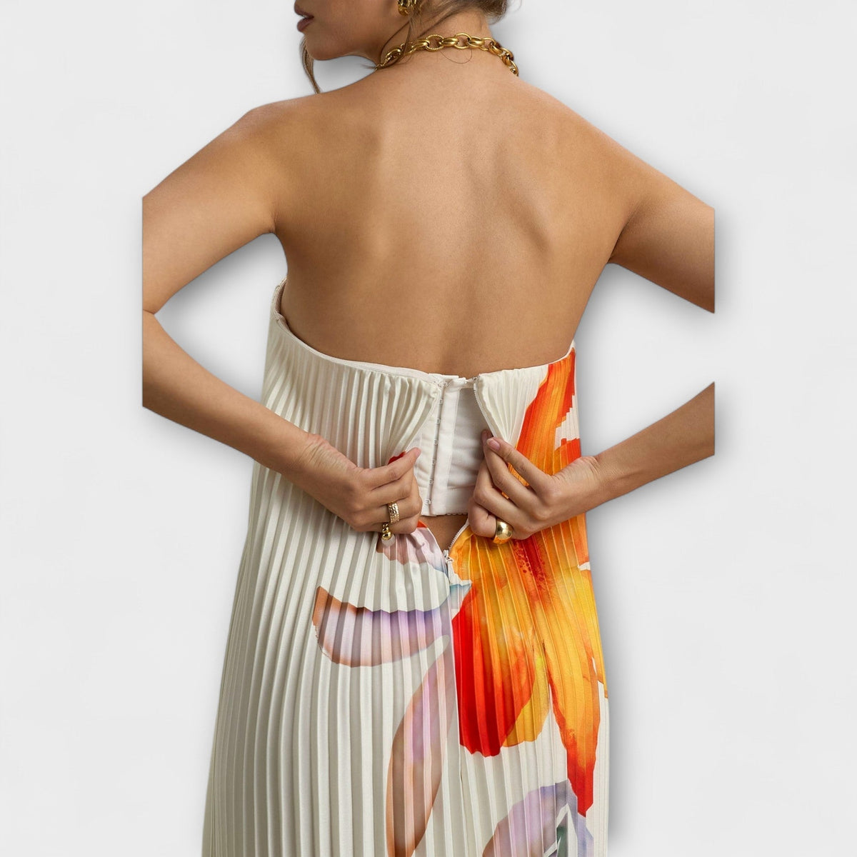 Michelle - Robe Longue Crème à Motif Floral Orange
