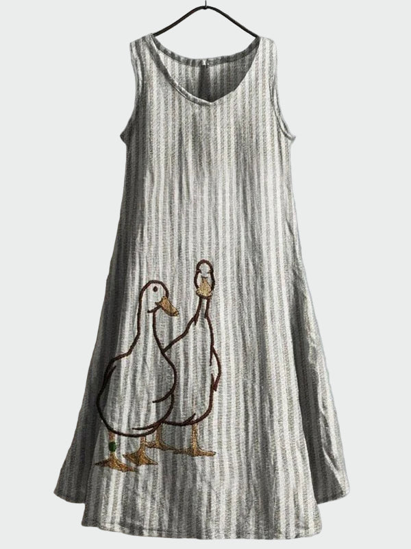 Robe Grise Rayée à Motif Canards