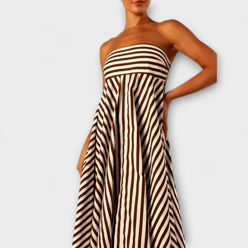 Robe Longue à Volants Rayée Beige et Noire