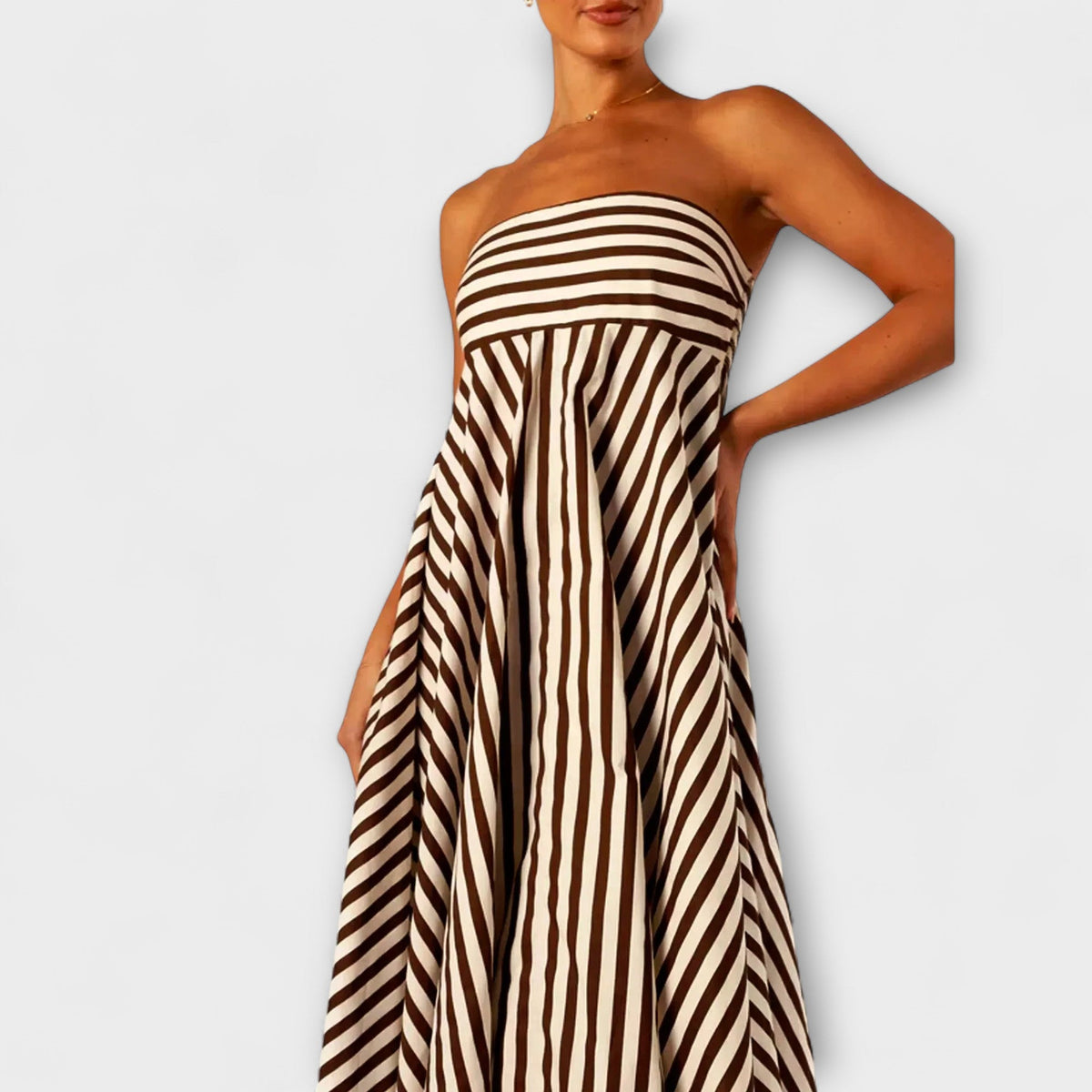 Robe Longue à Volants Rayée Beige et Noire