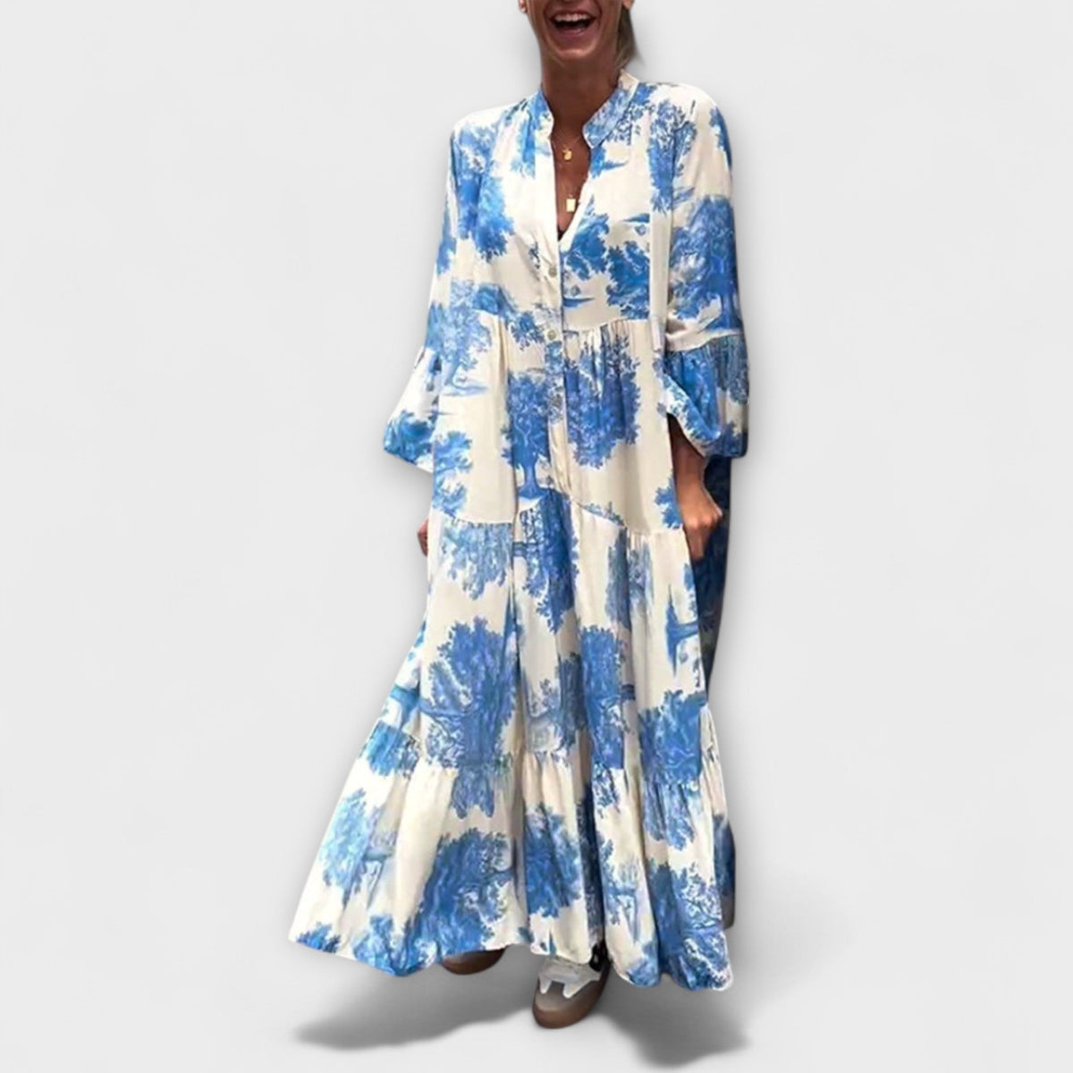 Nerina - Robe Longue Beige à Motif Aquarelle