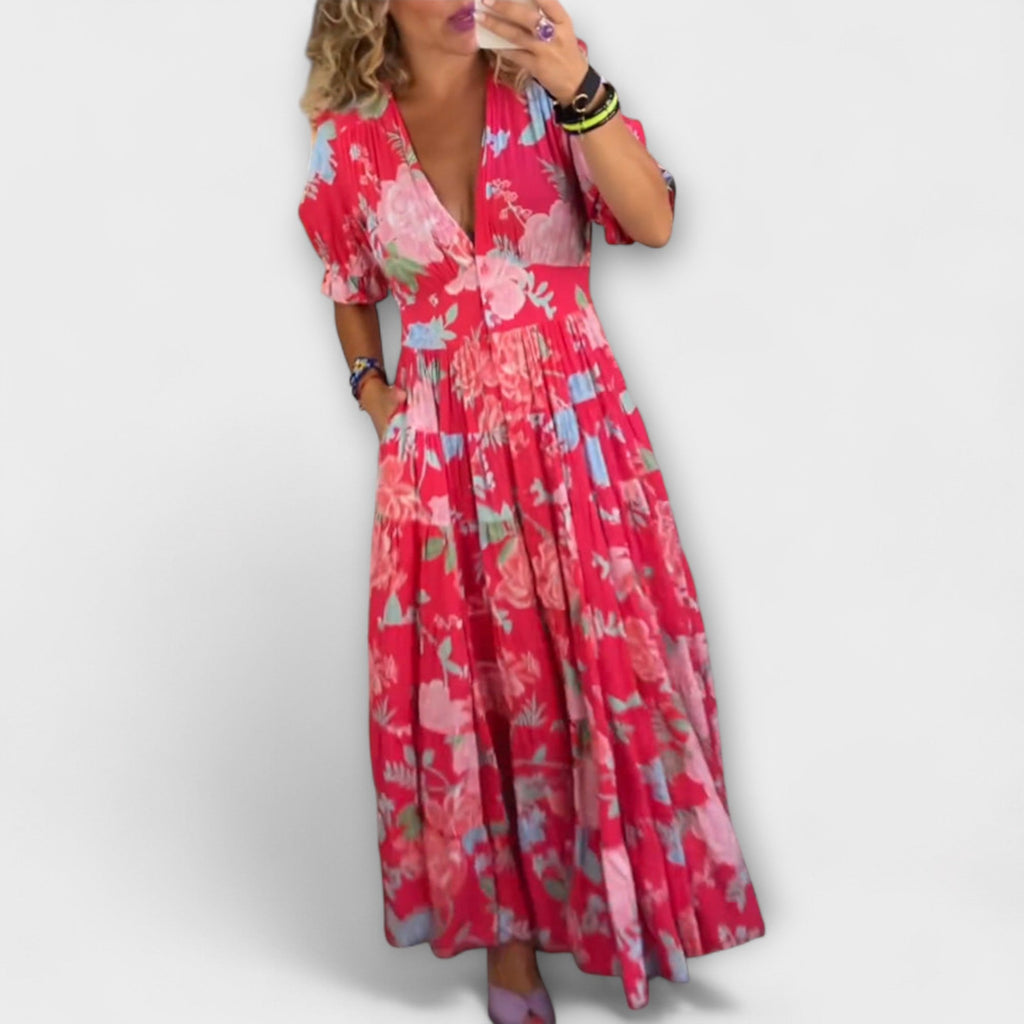 Catrisa - Robe Longue Rouge à Motif Floral et Col V