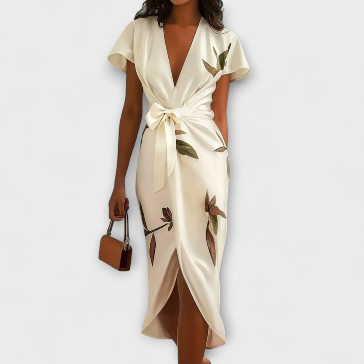 Robe Portefeuille en Satin Crème à Motif Floral