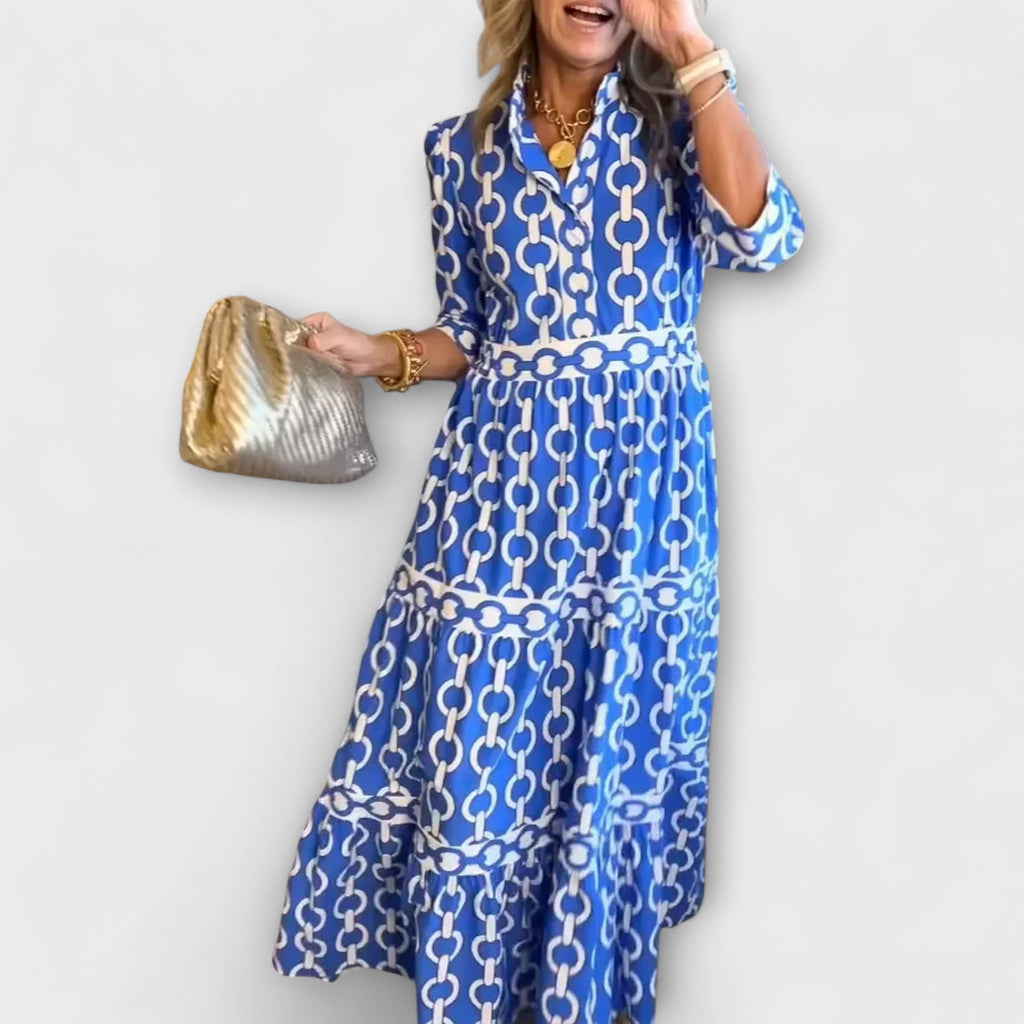 Sofia - Robe Midi Bleue à Motif Chaînes