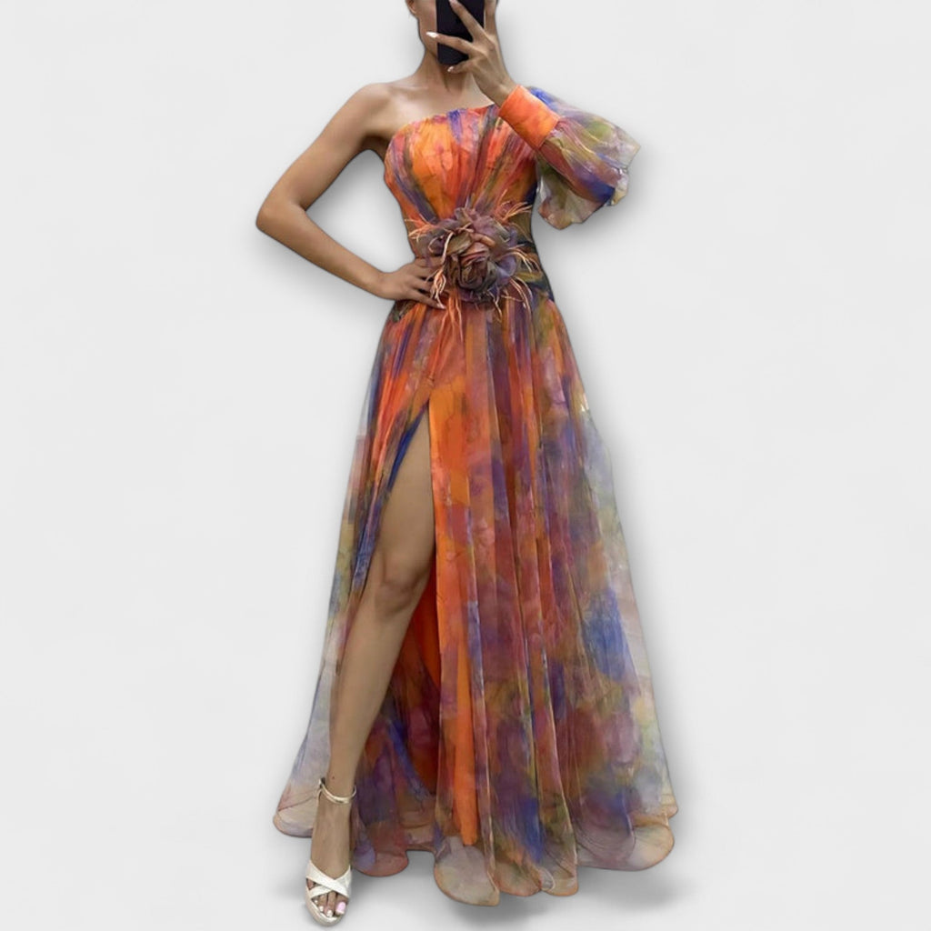 Minna - Robe Longue Asymétrique Violette Imprimée