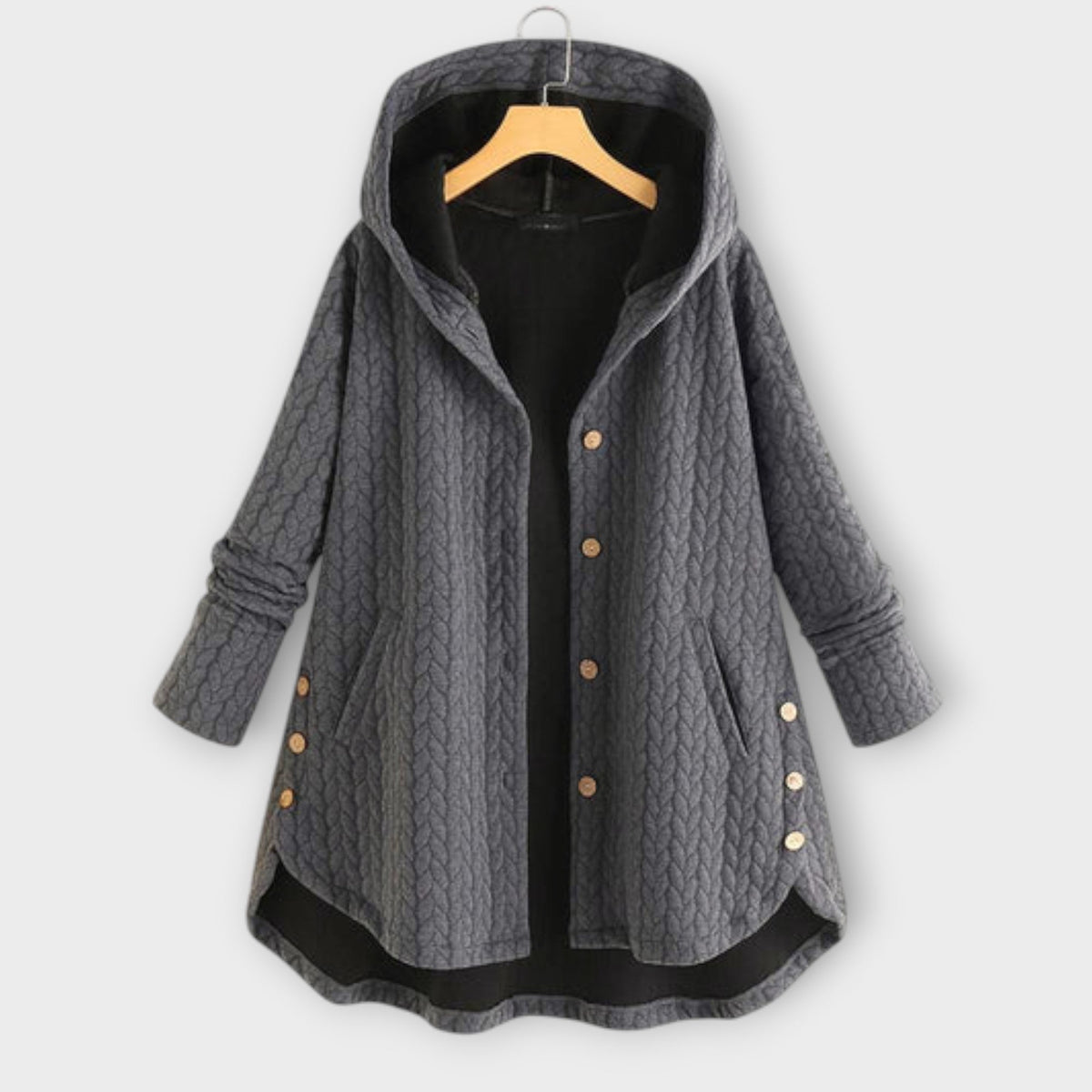 Leslie - Veste Chaude Noire Boutonnée à Capuche
