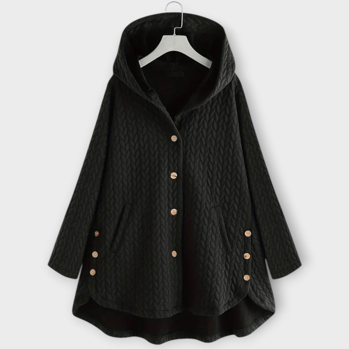 Leslie - Veste Chaude Noire Boutonnée à Capuche