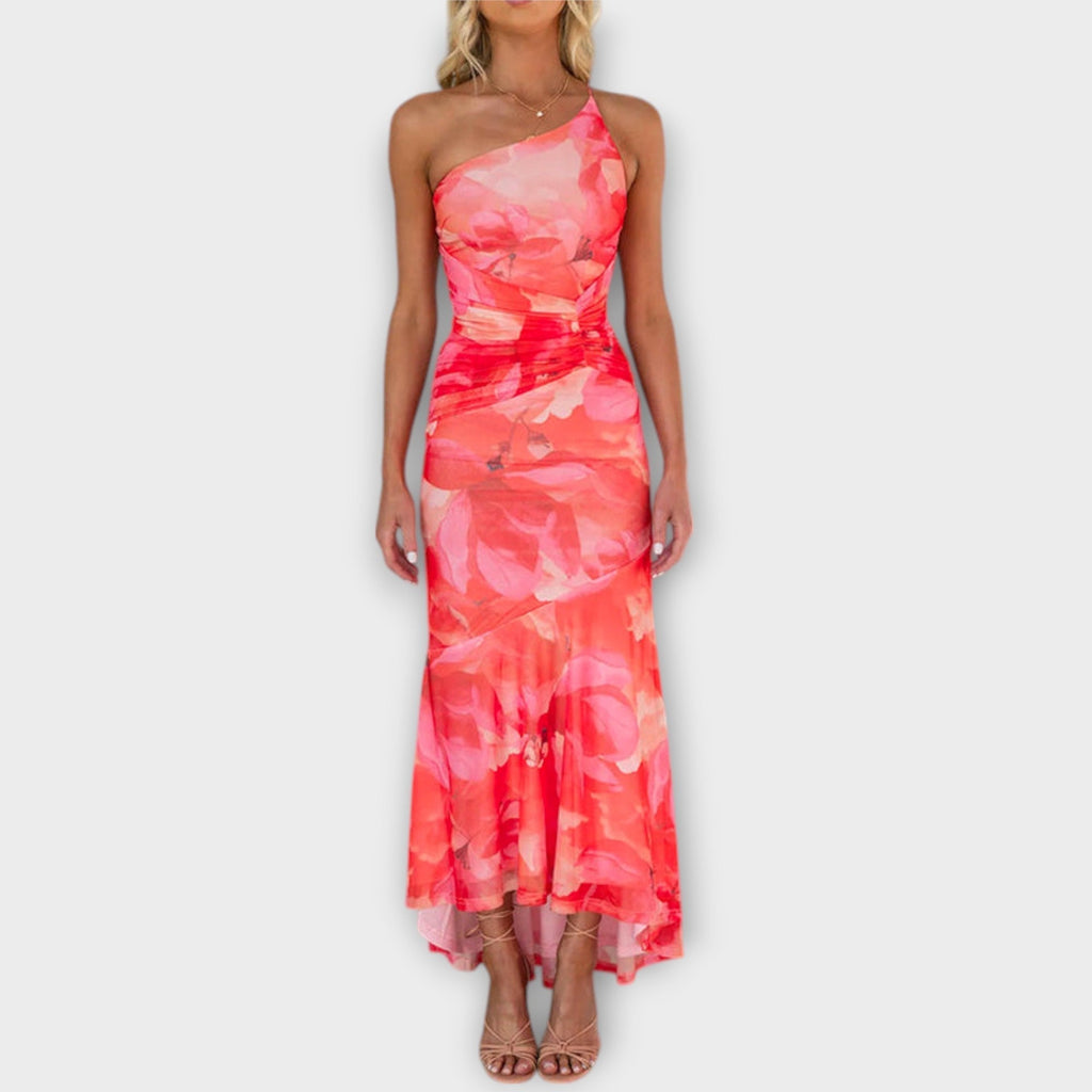 Pia - Robe Longue Violette à Motif Floral Froncée