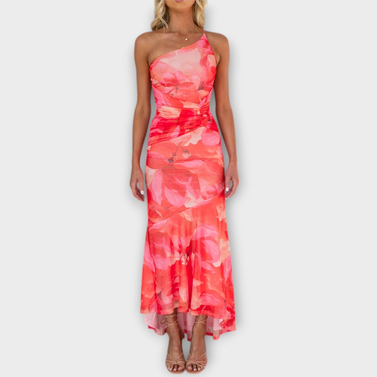 Pia - Robe Longue Violette à Motif Floral Froncée