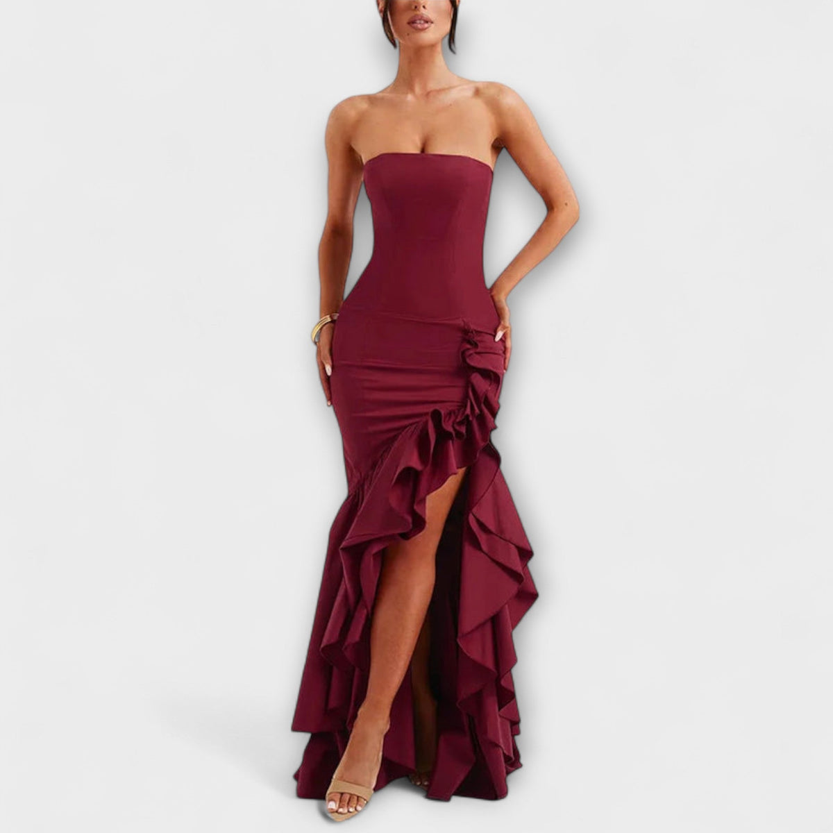 Zuri - Robe Longue Rose Épaules Dénudées à Volants