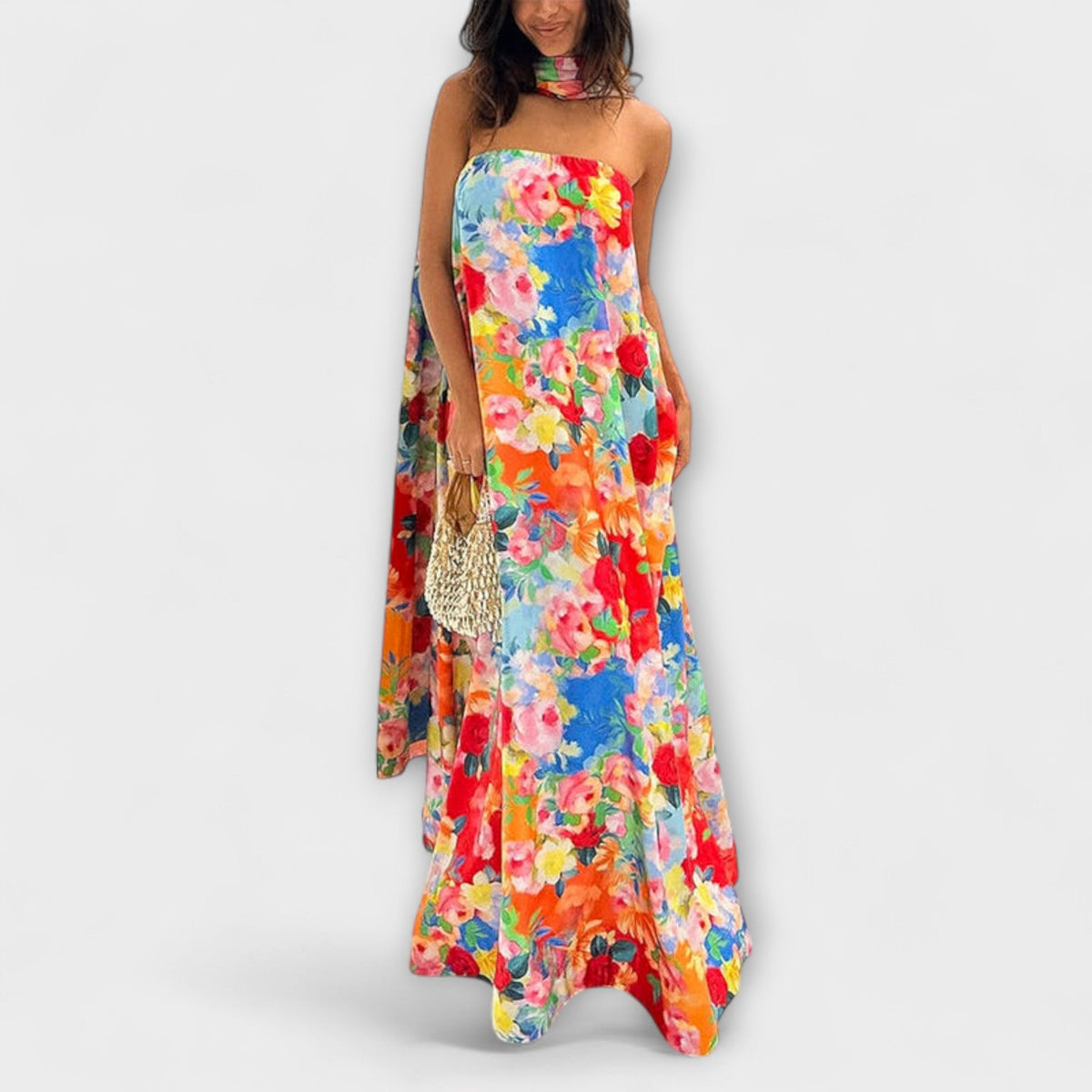 Harlow - Robe Longue Épaules Dénudées Colorée à Motif Floral