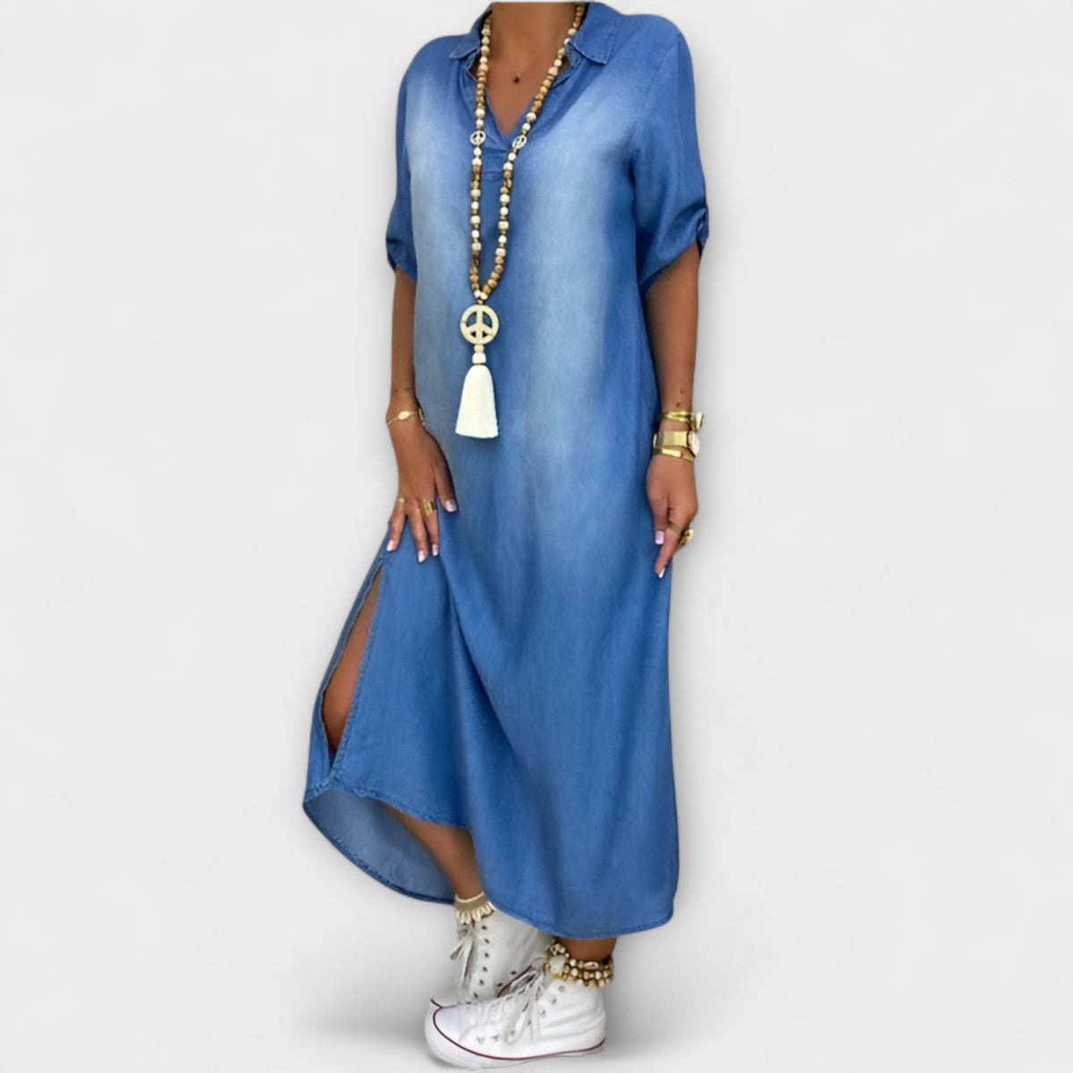 Lea - Robe Longue Effet Denim Bleue à Fente Latérale