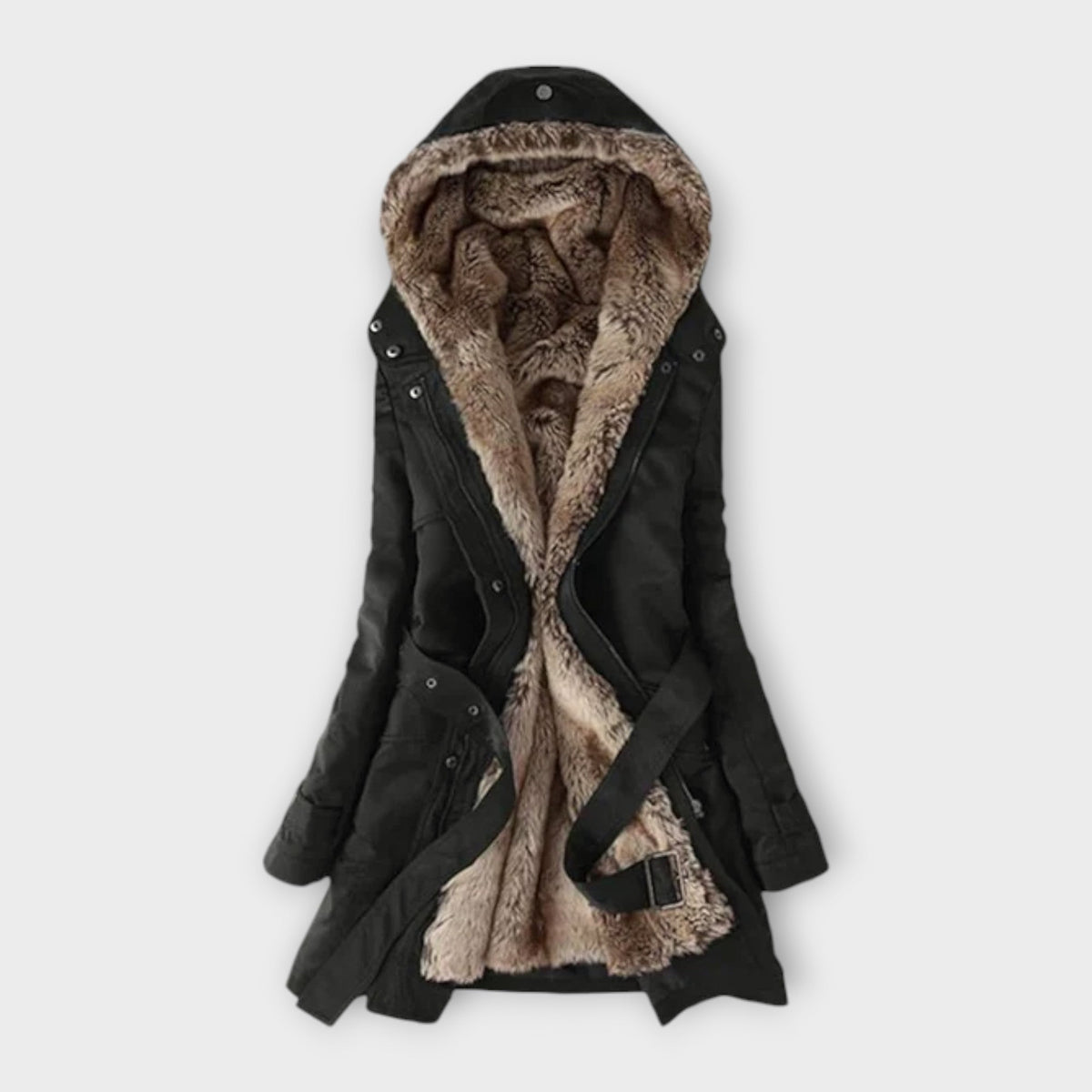 Mikash - Manteau Douillet Noir à Capuche Fourrure
