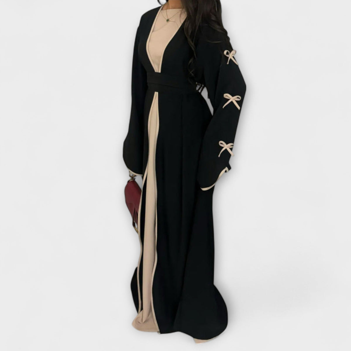 Jasmin - Duo Robe et Cardigan Beige à Nœud