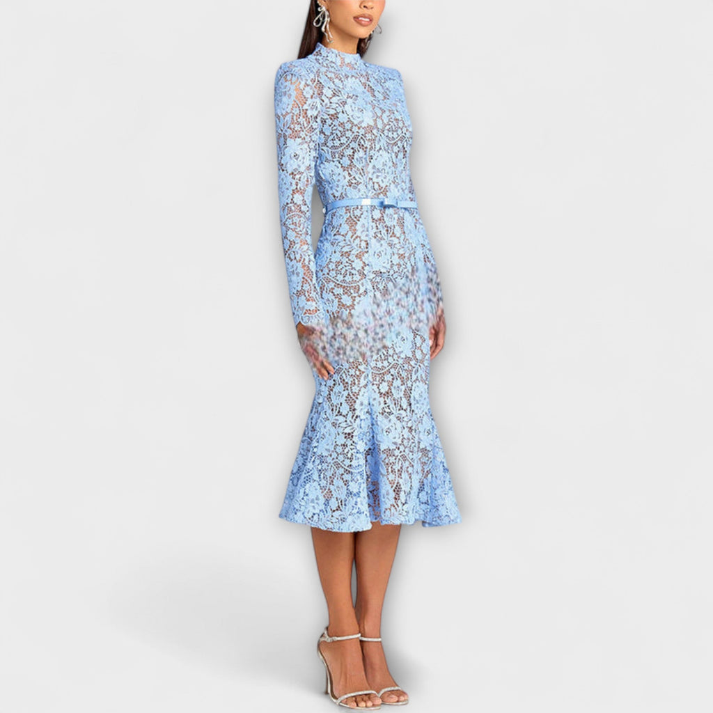 Freya - Robe Midi Bleu Clair en Dentelle Fleurie