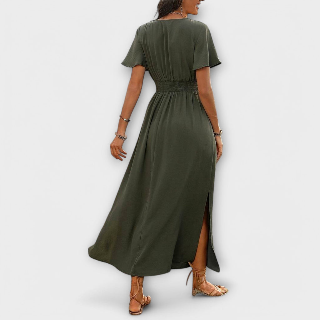Heather - Robe Bohème Vert Olive à Fente