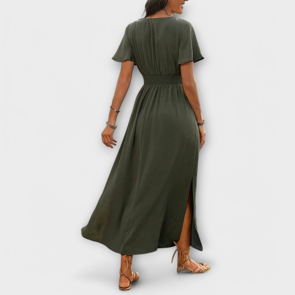 Heather - Robe Bohème Vert Olive à Fente