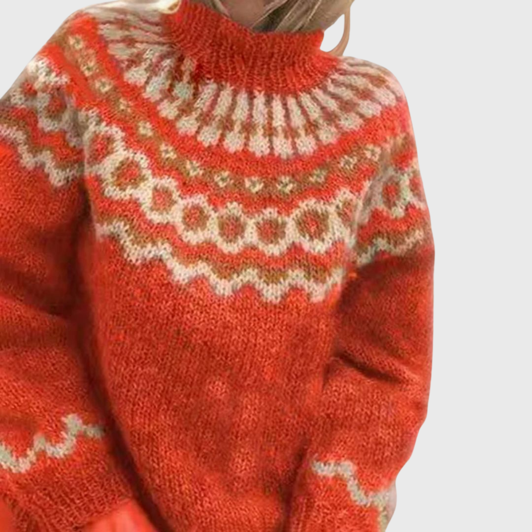 Sonja | Pull Bleu à Col Montant et Motif Norvégien