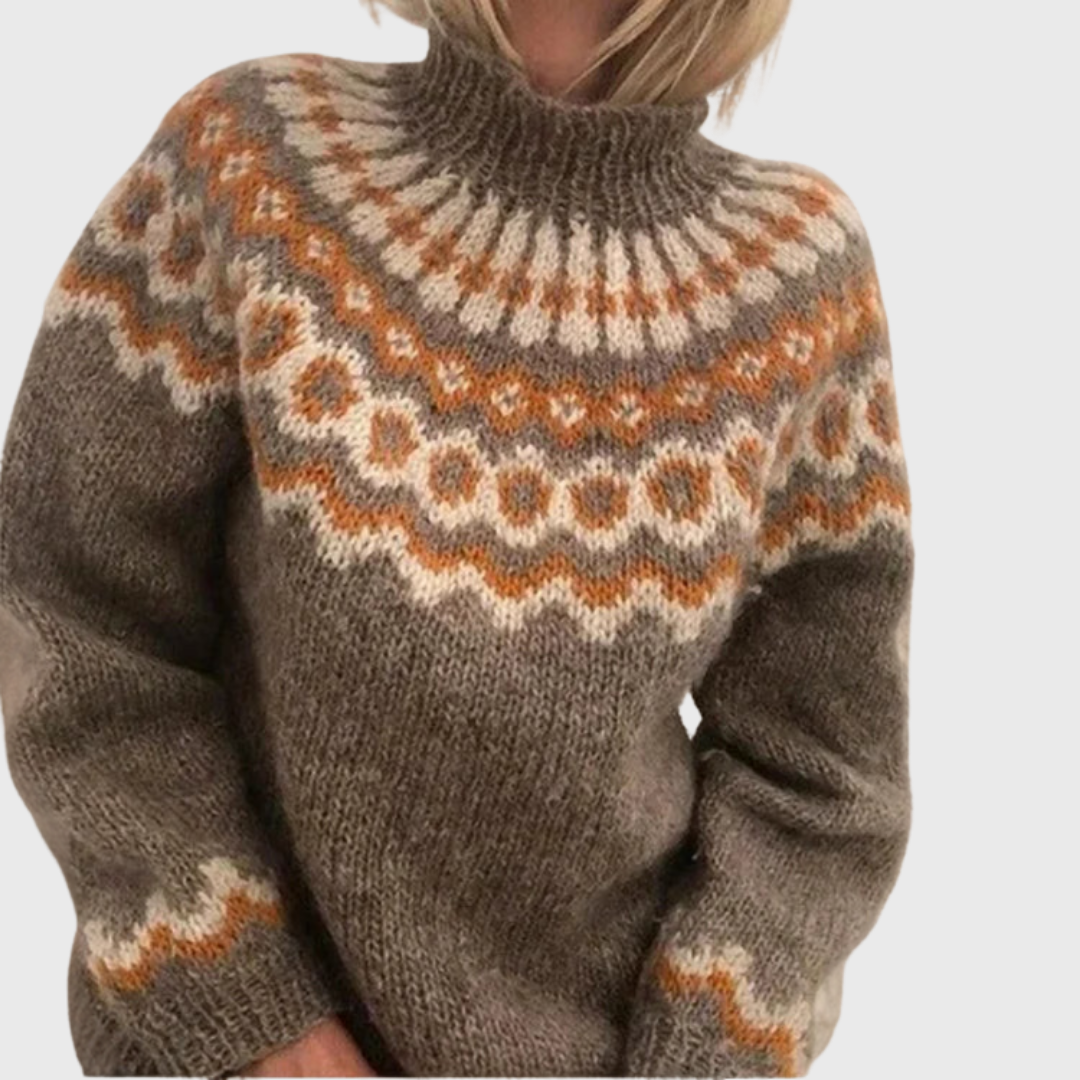 Sonja | Pull Bleu à Col Montant et Motif Norvégien