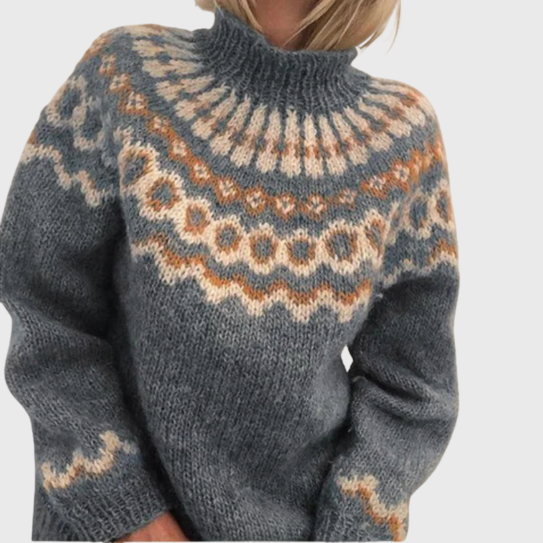 Sonja | Pull Bleu à Col Montant et Motif Norvégien