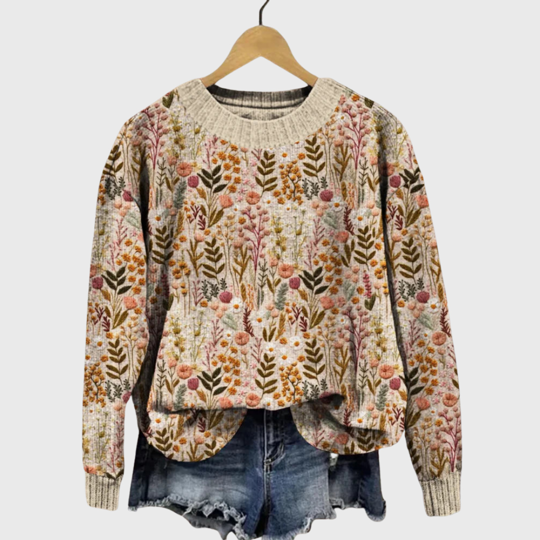 Fani | Pull Doux Beige à Motif Fleuri