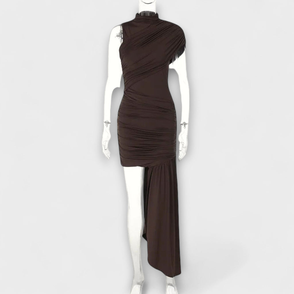 Lila - Robe Plissée Marron à Col Rond