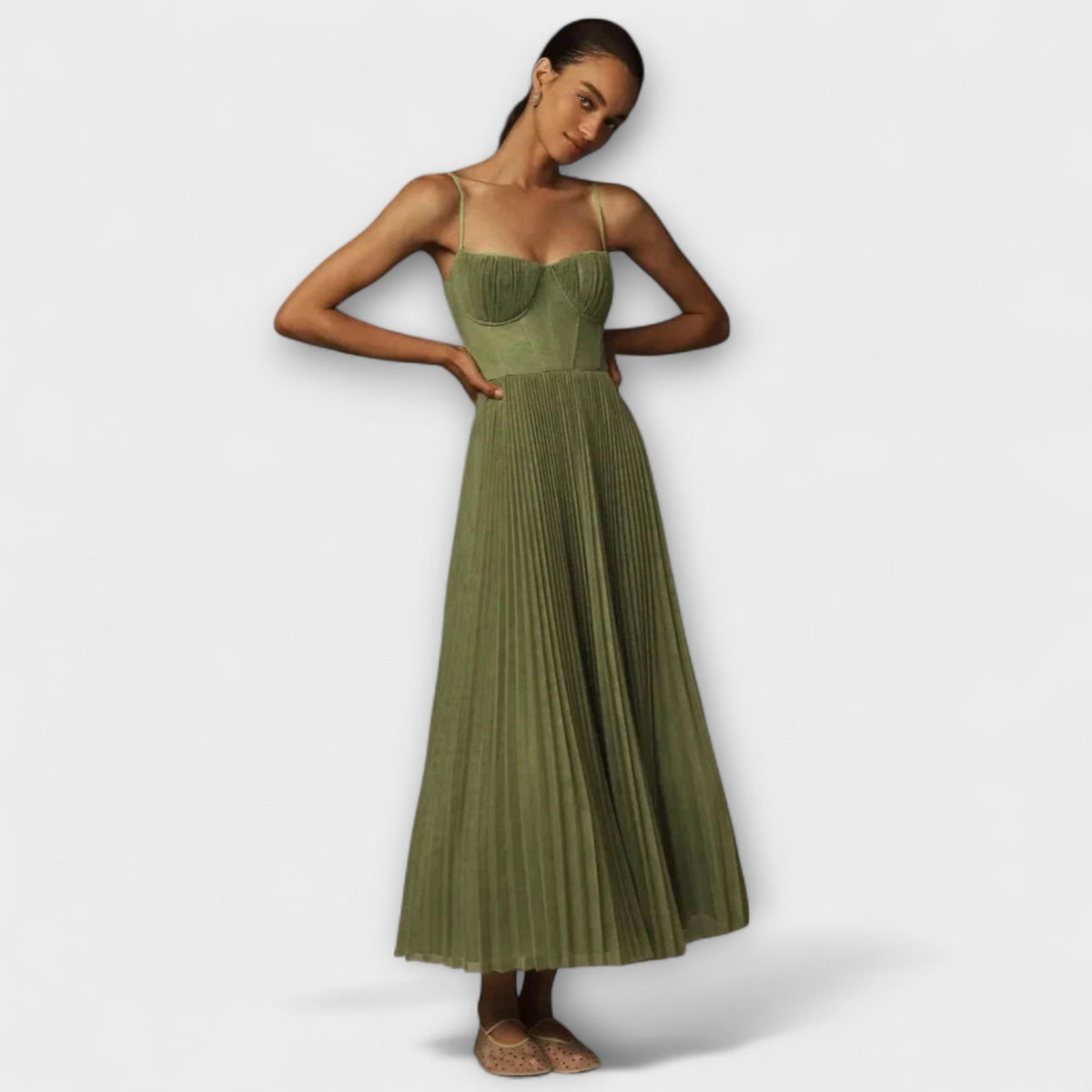 Marilyn - Robe Midi Vert Olive Bustier Plissée